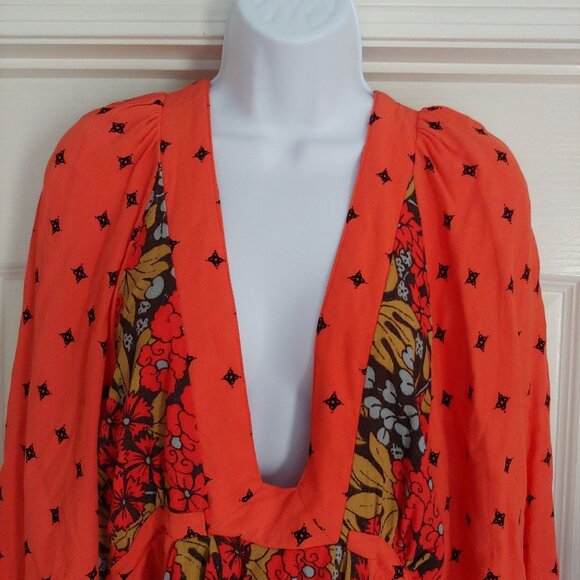 Free People Tallula Poppy Orange Floral Bell Sleeve Deep Pockets Mini Dress M - Picture 4 of 15